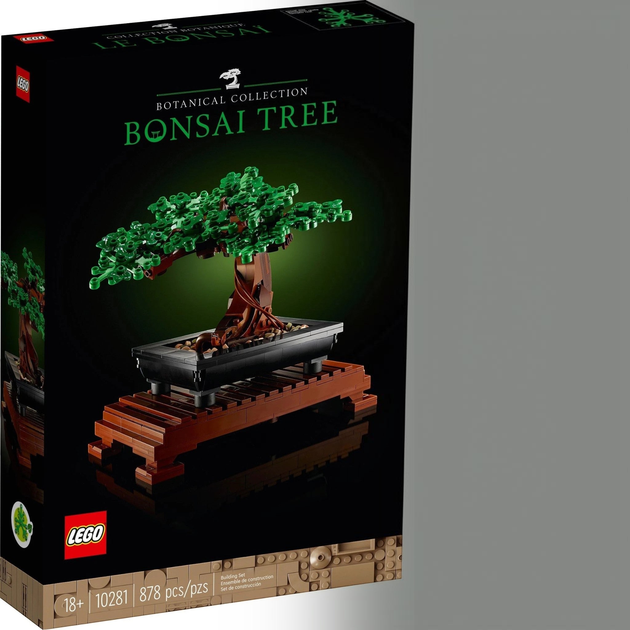 A Brick Apart LEGO Icons Bonsai Tree building kit box featuring a green leaf model on a wooden stand.