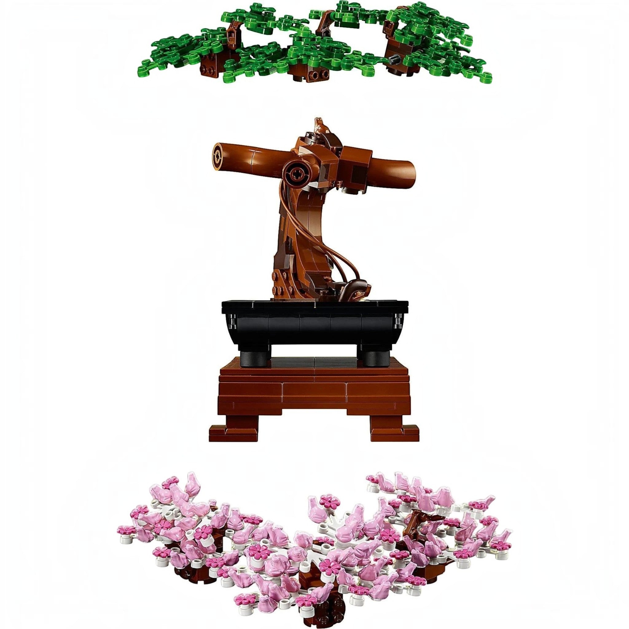 A Brick Apart LEGO Bonsai Tree model kit showing the brown trunk, black pot, and interchangeable green and pink crowns