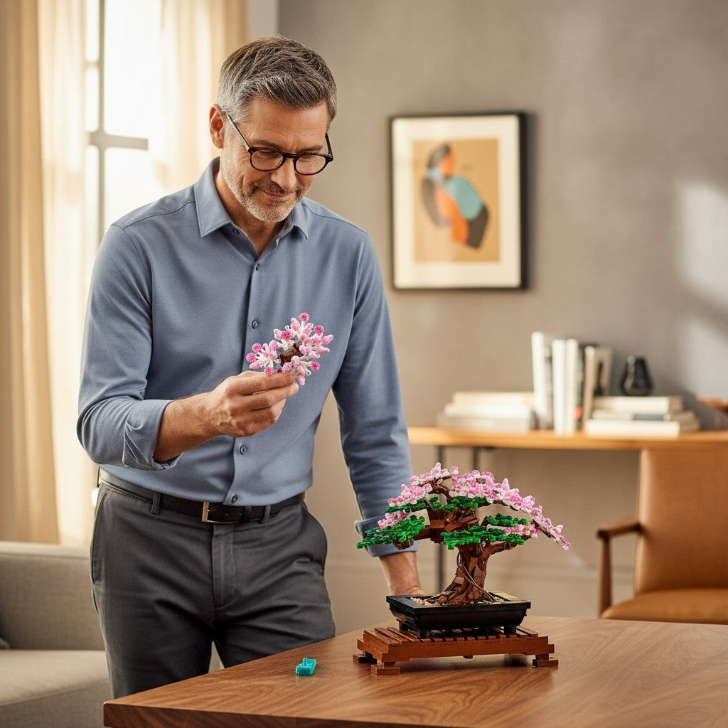 A Brick Apart man assembling a LEGO Bonsai Tree with pink cherry blossoms and green leaves on a wooden desk.
