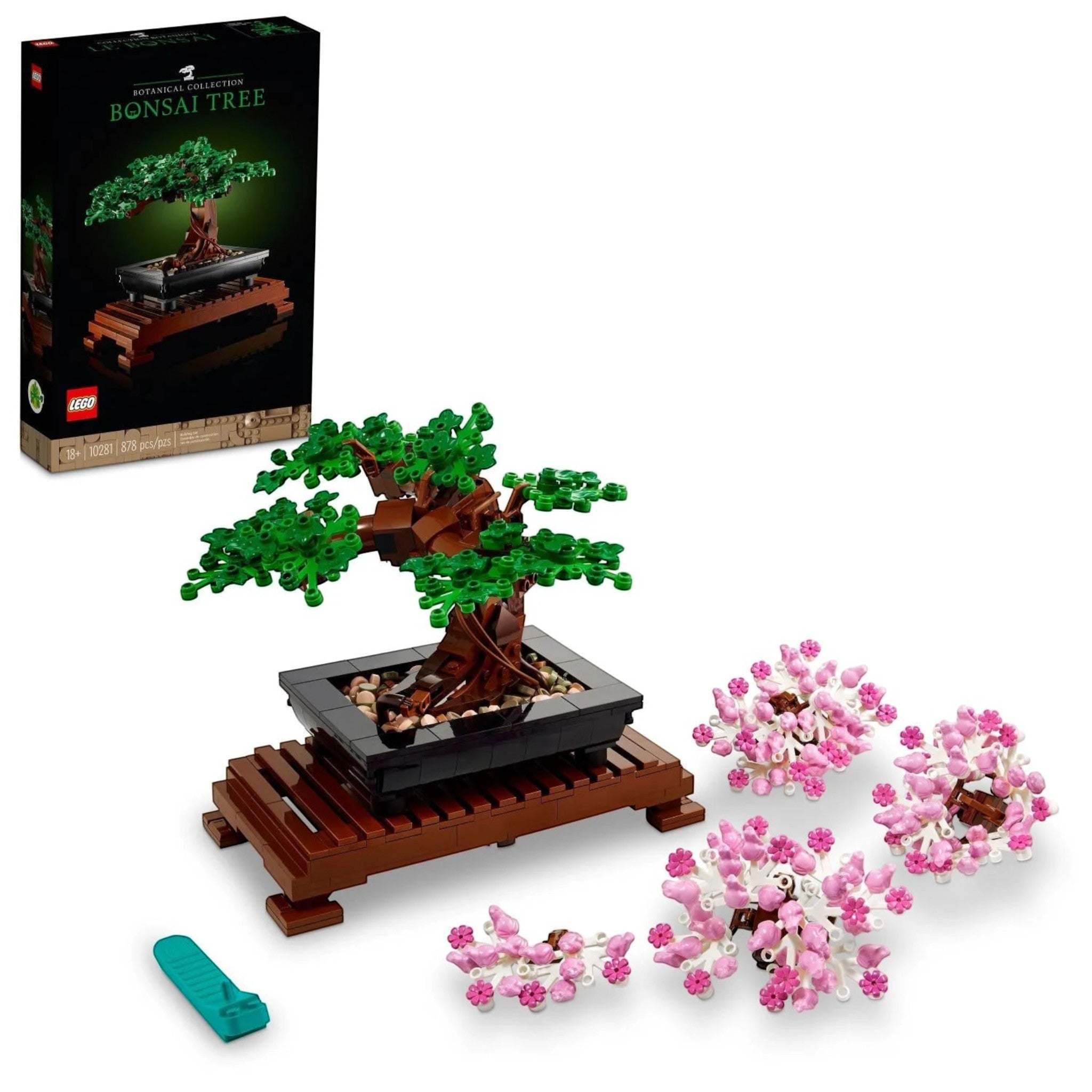 A Brick Apart LEGO Bonsai Tree set with green leaves, interchangeable pink cherry blossoms, and wooden display stand.