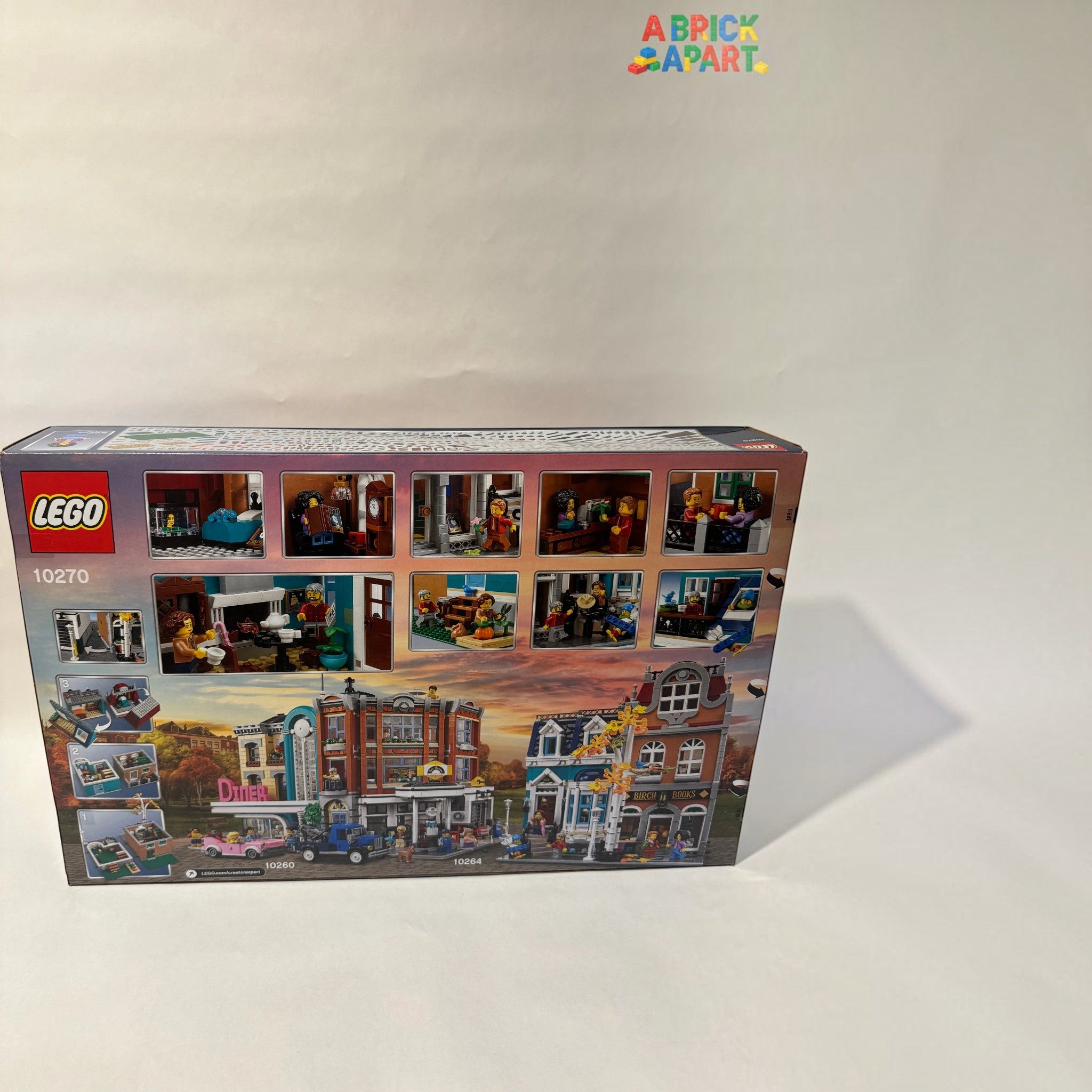 A Brick Apart LEGO Creator Expert Bookshop box back showing modular building details and interior scenes