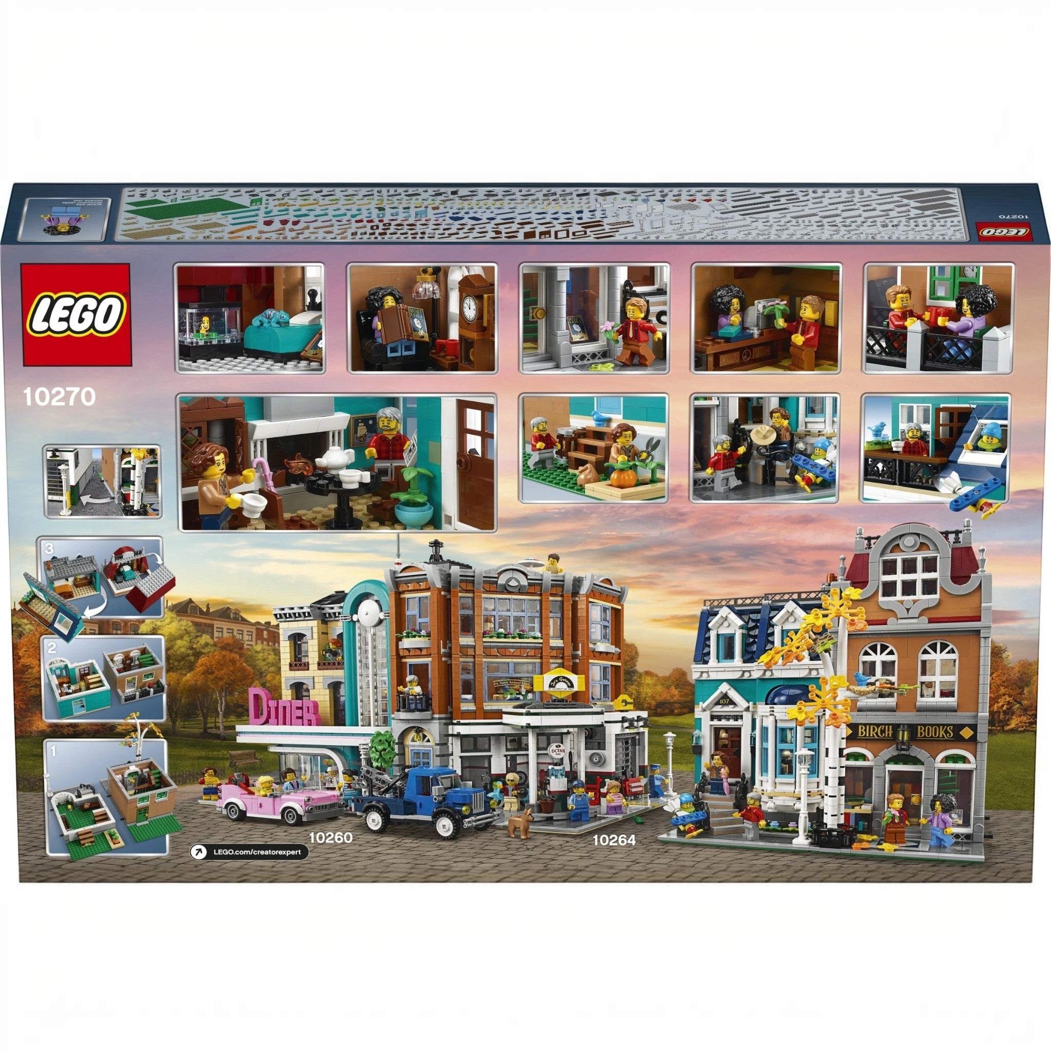 A Brick Apart LEGO Creator Expert Bookshop 10270 box back showing modular building details, interior rooms, and minifigures.