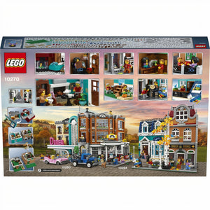A Brick Apart LEGO Creator Expert Bookshop 10270 box back showing modular building details, interior rooms, and minifigures.
