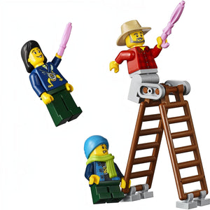 A Brick Apart LEGO minifigures from the Bookshop set including a man on a ladder and two people holding pink umbrellas