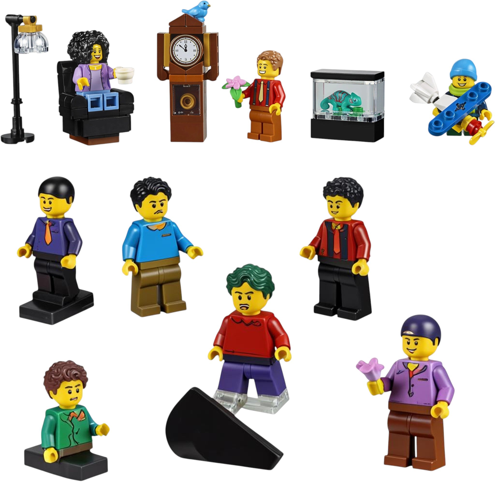 A Brick Apart LEGO Creator Expert Bookshop minifigures and accessories including a grandfather clock and chameleon.