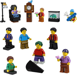 A Brick Apart LEGO Creator Expert Bookshop minifigures and accessories including a grandfather clock and chameleon.