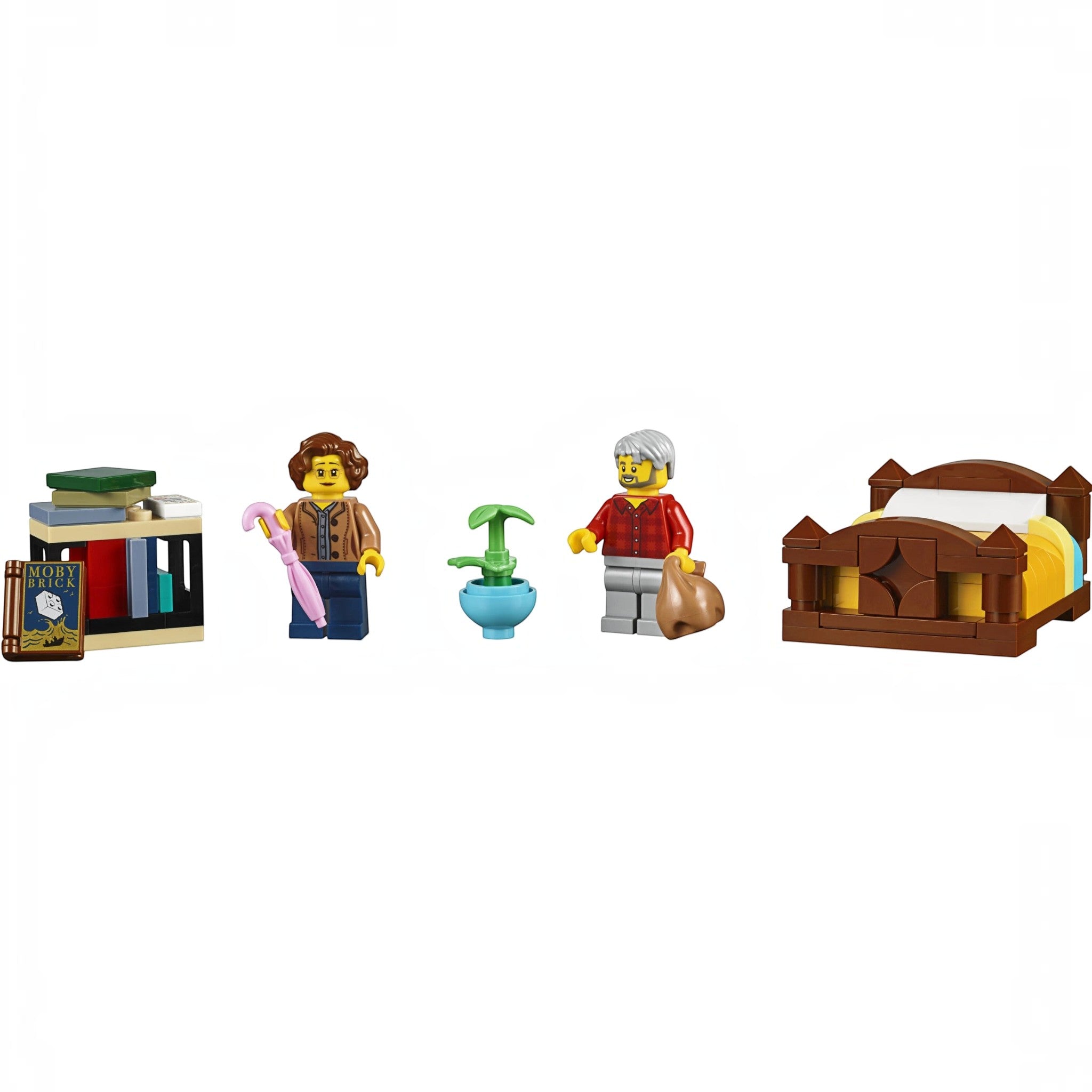 A Brick Apart LEGO Creator Expert Bookshop minifigures, bookshelf, potted plant, and bed accessories