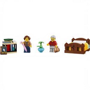 A Brick Apart LEGO Creator Expert Bookshop minifigures, bookshelf, potted plant, and bed accessories