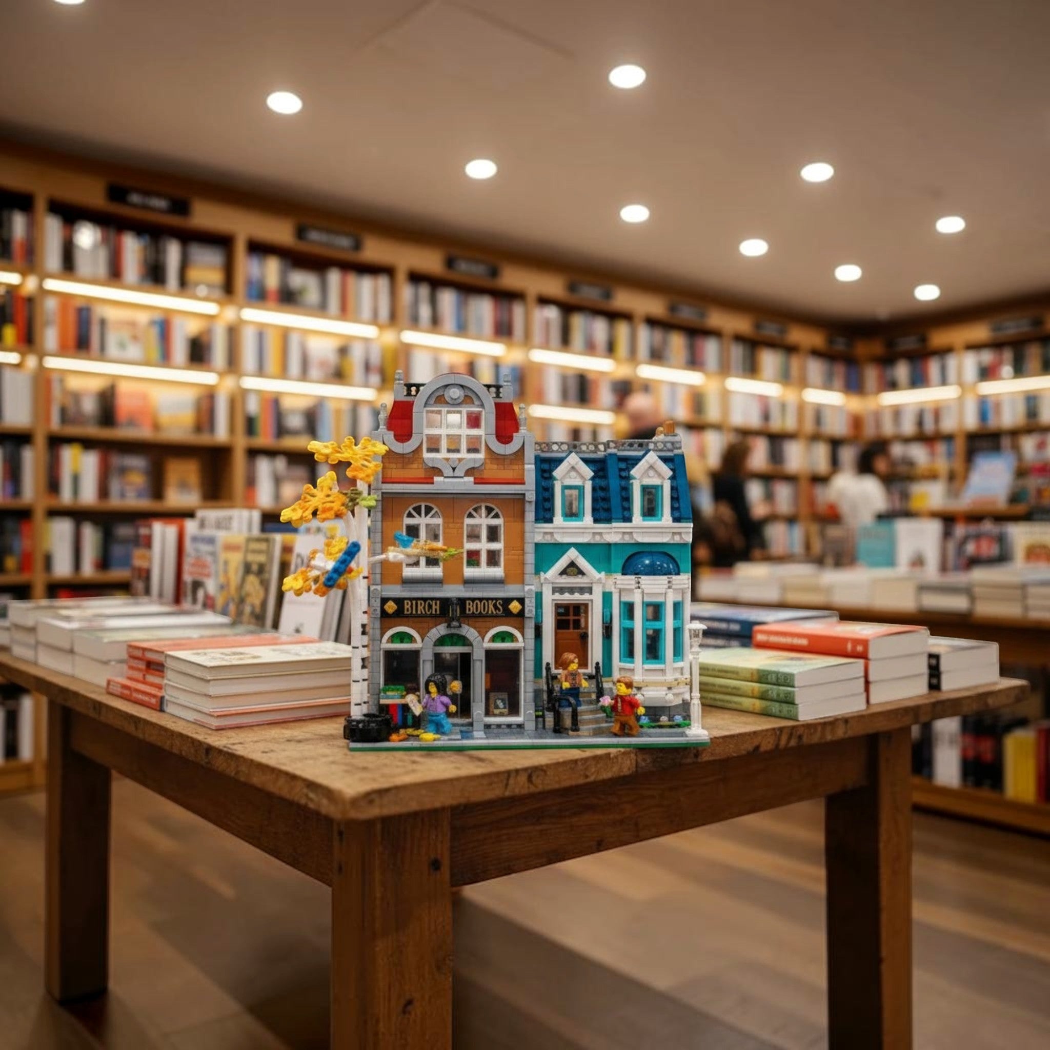 A Brick Apart LEGO Creator Expert Bookshop set displayed on a wooden table inside a real bookstore.