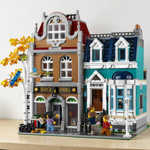 A Brick Apart LEGO Creator Expert Bookshop modular building set with a detailed townhouse, minifigures, and autumn tree.