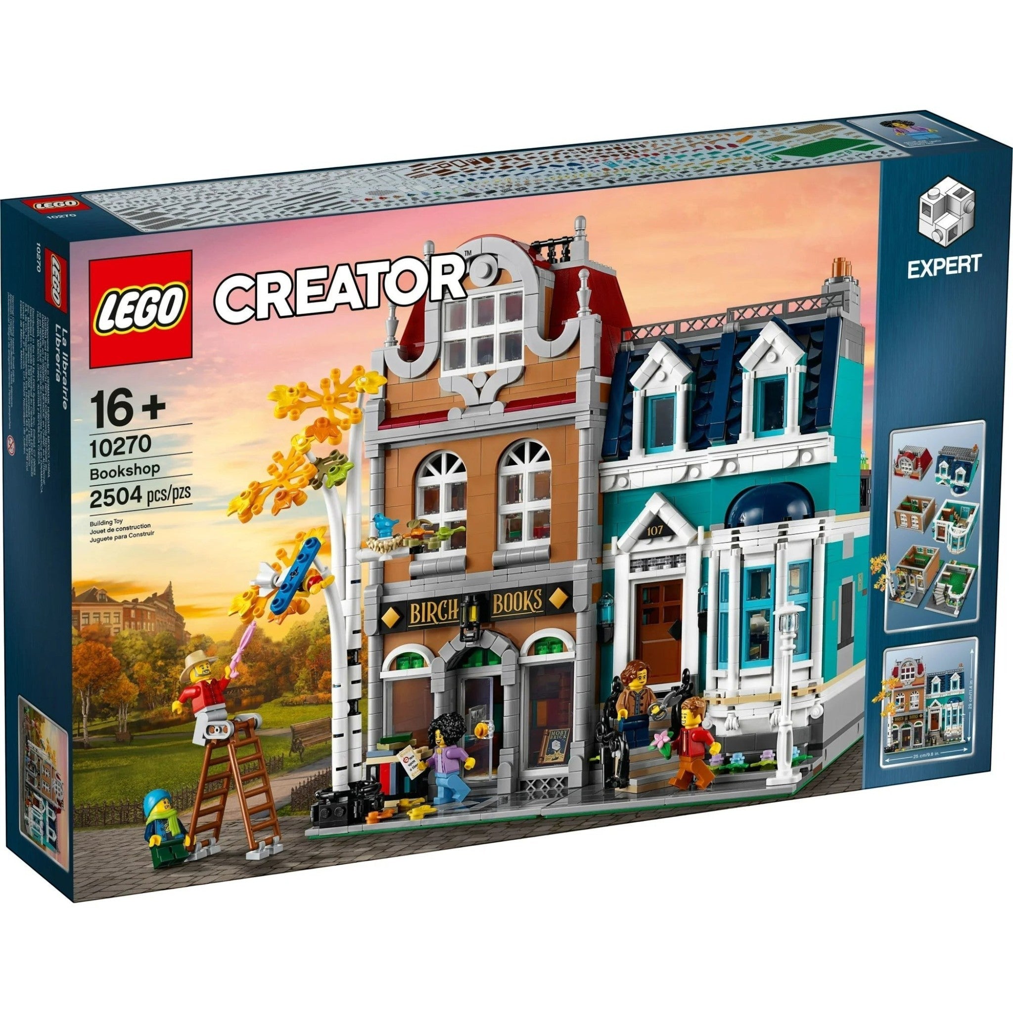 A Brick Apart LEGO Creator Expert Bookshop set box showing a detailed three-story modular building with minifigures.