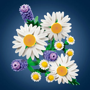 A Brick Apart LEGO Botanicals Daisies set featuring white daisies, purple lavender, and green stems on a blue background.