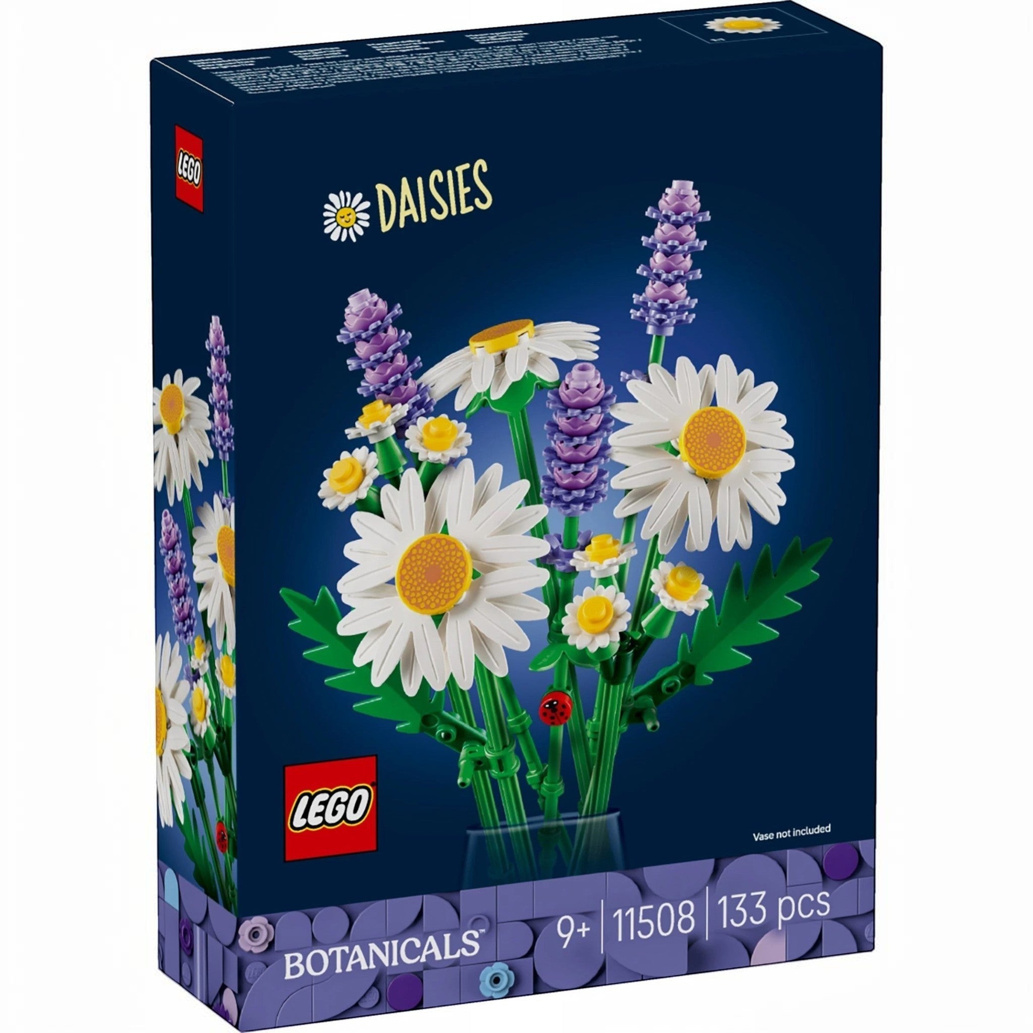 A Brick Apart LEGO Botanicals Daisies building set box featuring white daisies, purple lavender, and a small ladybug.