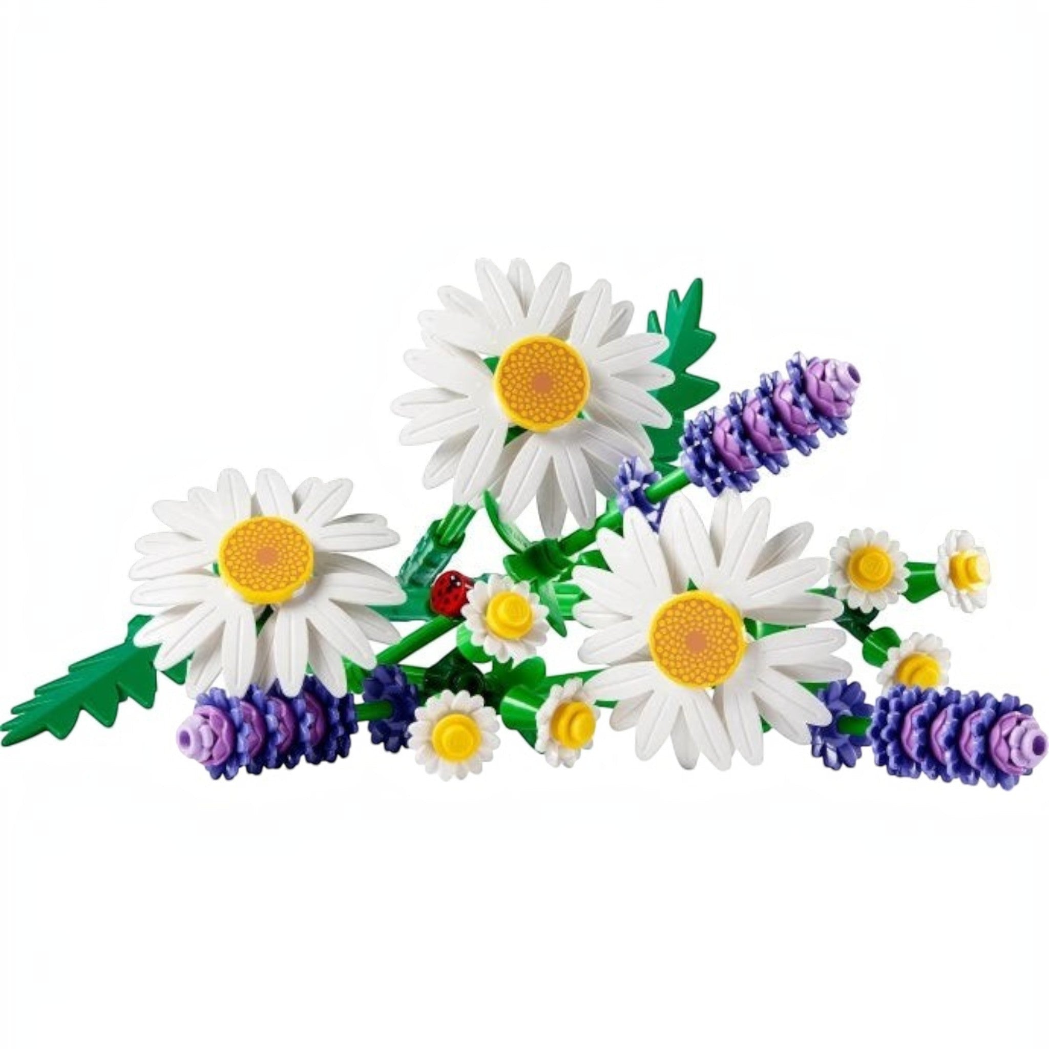 A Brick Apart LEGO Botanicals Daisies set featuring white daisies, purple lavender, green stems, and a small ladybug.
