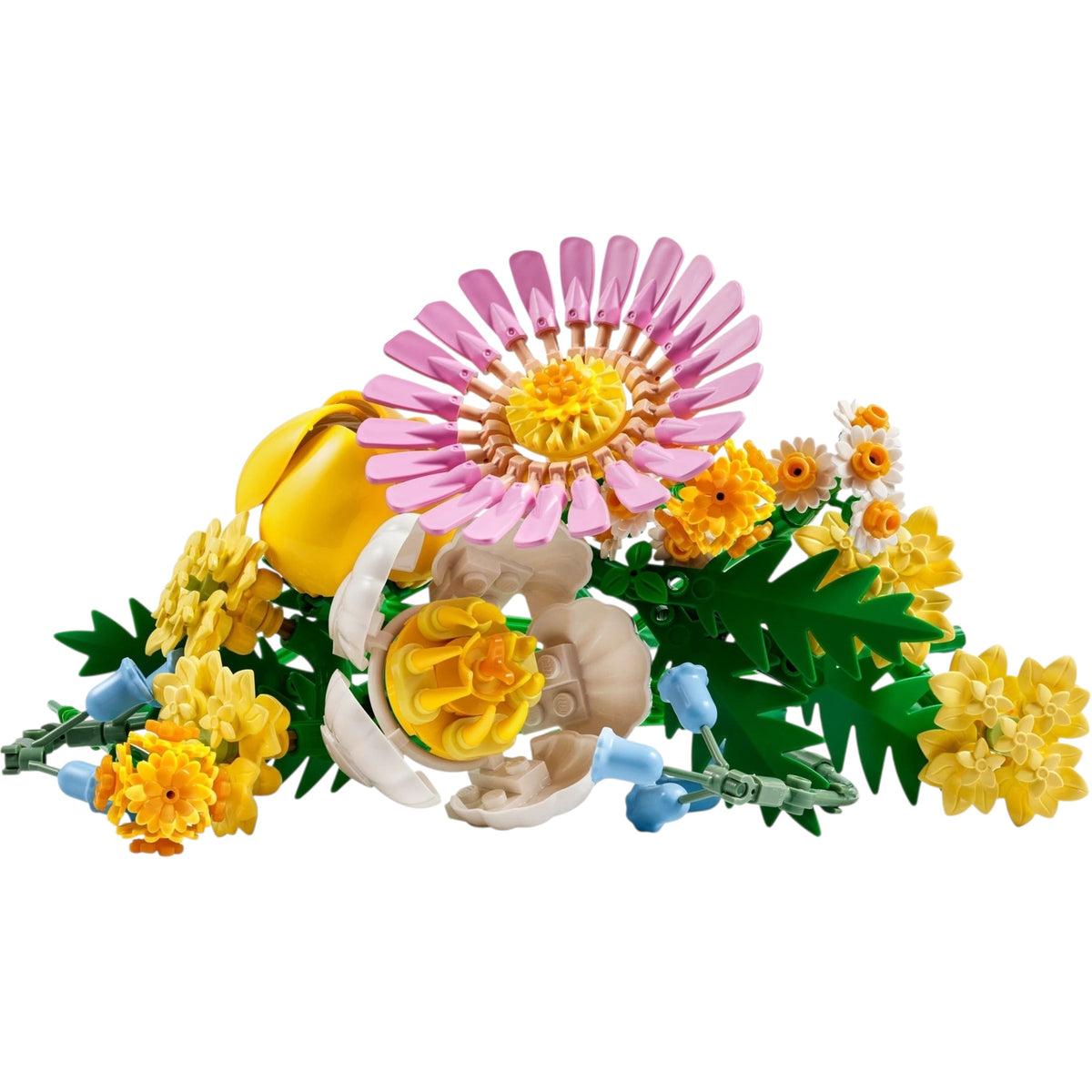 [built-white] A Brick Apart LEGO Botanicals Petite Sunny Bouquet set featuring pastel brick-built flowers with adjustable stems.
