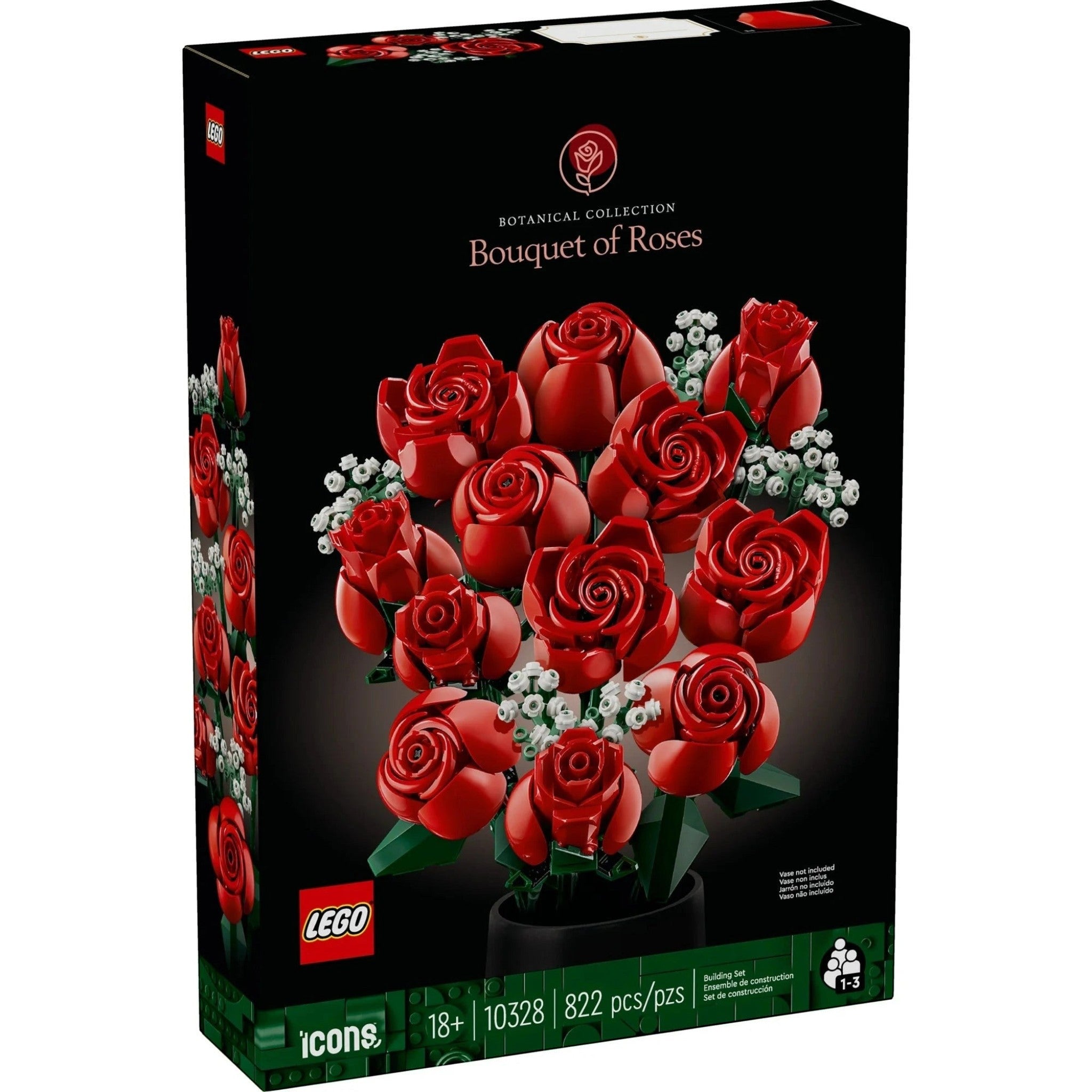 A Brick Apart LEGO Icons Bouquet of Roses building set box featuring a dozen red roses and white baby's breath.