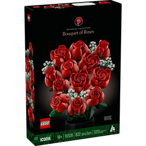 A Brick Apart LEGO Icons Bouquet of Roses building set box featuring a dozen red roses and white baby's breath.