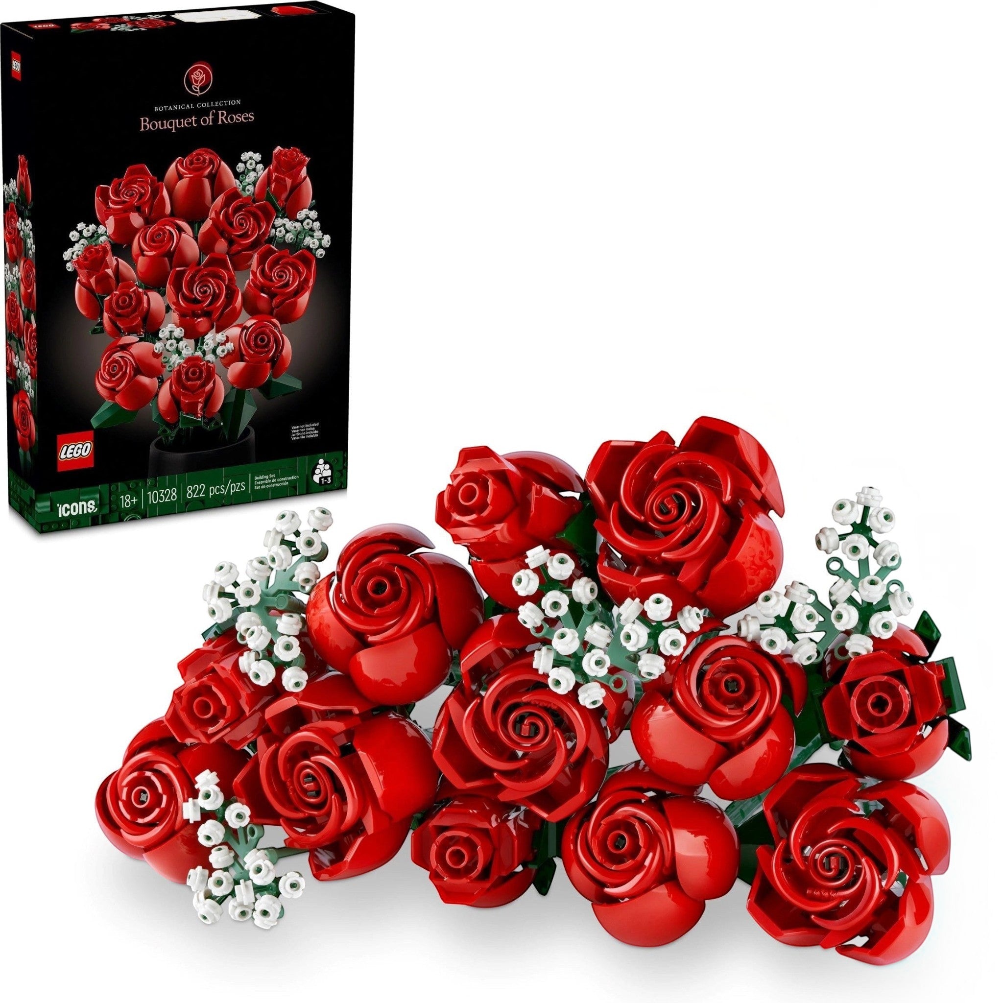A Brick Apart LEGO Icons Bouquet of Roses set featuring twelve red brick-built roses and white baby's breath flowers.
