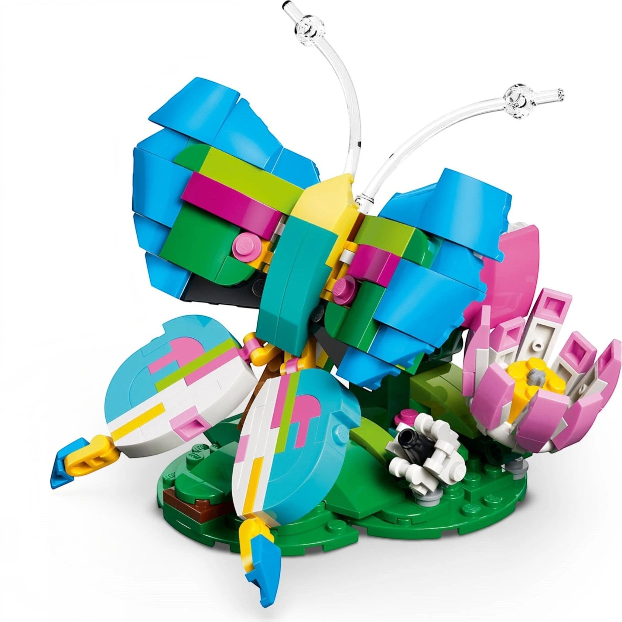 A Brick Apart LEGO Creator 3-in-1 colourful butterfly build with vibrant wings and a flower base on a white background.