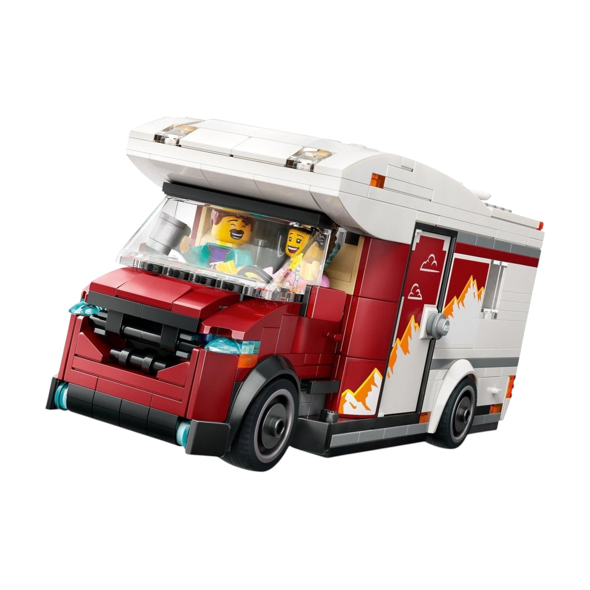 [built-angle] A Brick Apart LEGO City Holiday Camper Van in red and white with minifigures driving on a white background
