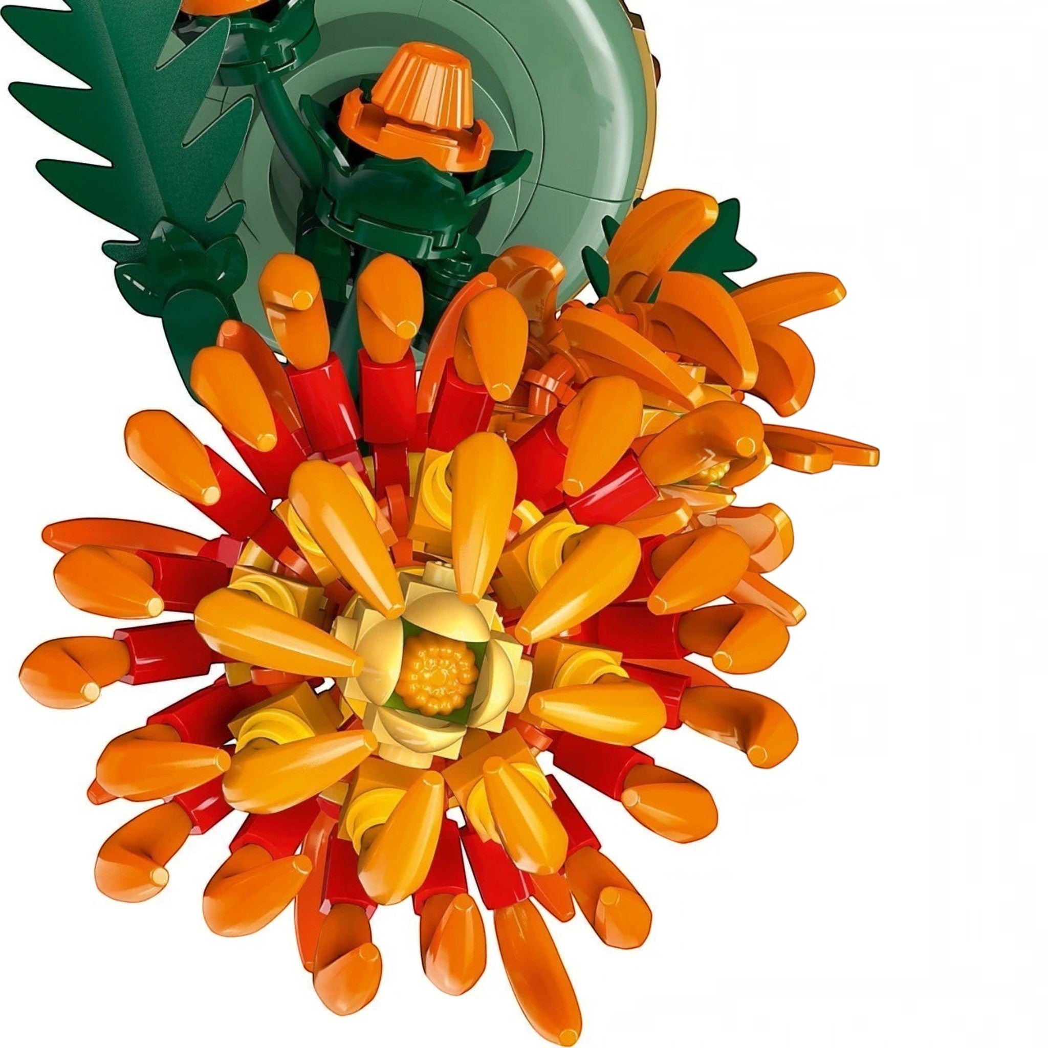A Brick Apart LEGO Icons Chrysanthemum flower set featuring a vibrant orange blooming flower with posable petals.