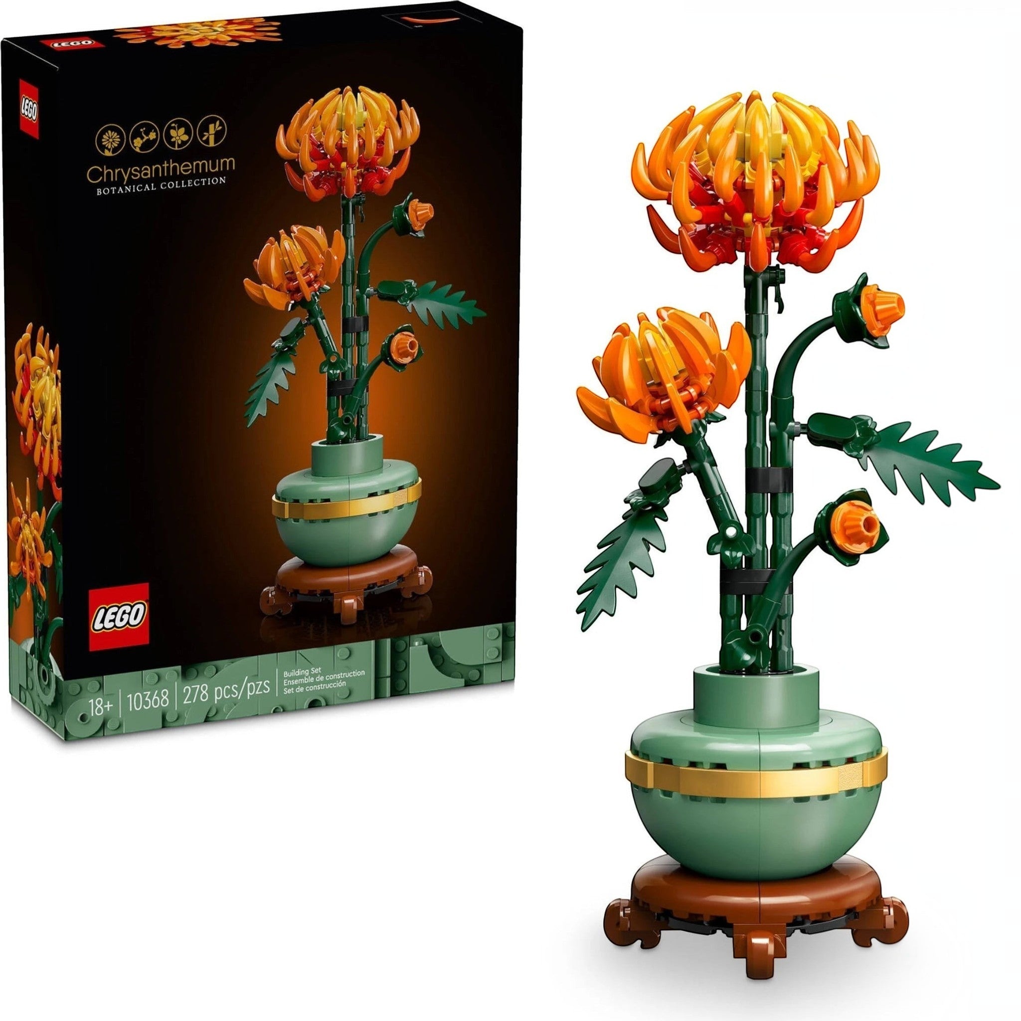 A Brick Apart LEGO Icons Chrysanthemum building set featuring a vibrant orange flower in a pastel green pot on a plinth.