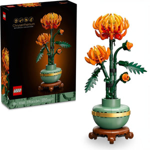 A Brick Apart LEGO Icons Chrysanthemum building set featuring a vibrant orange flower in a pastel green pot on a plinth.