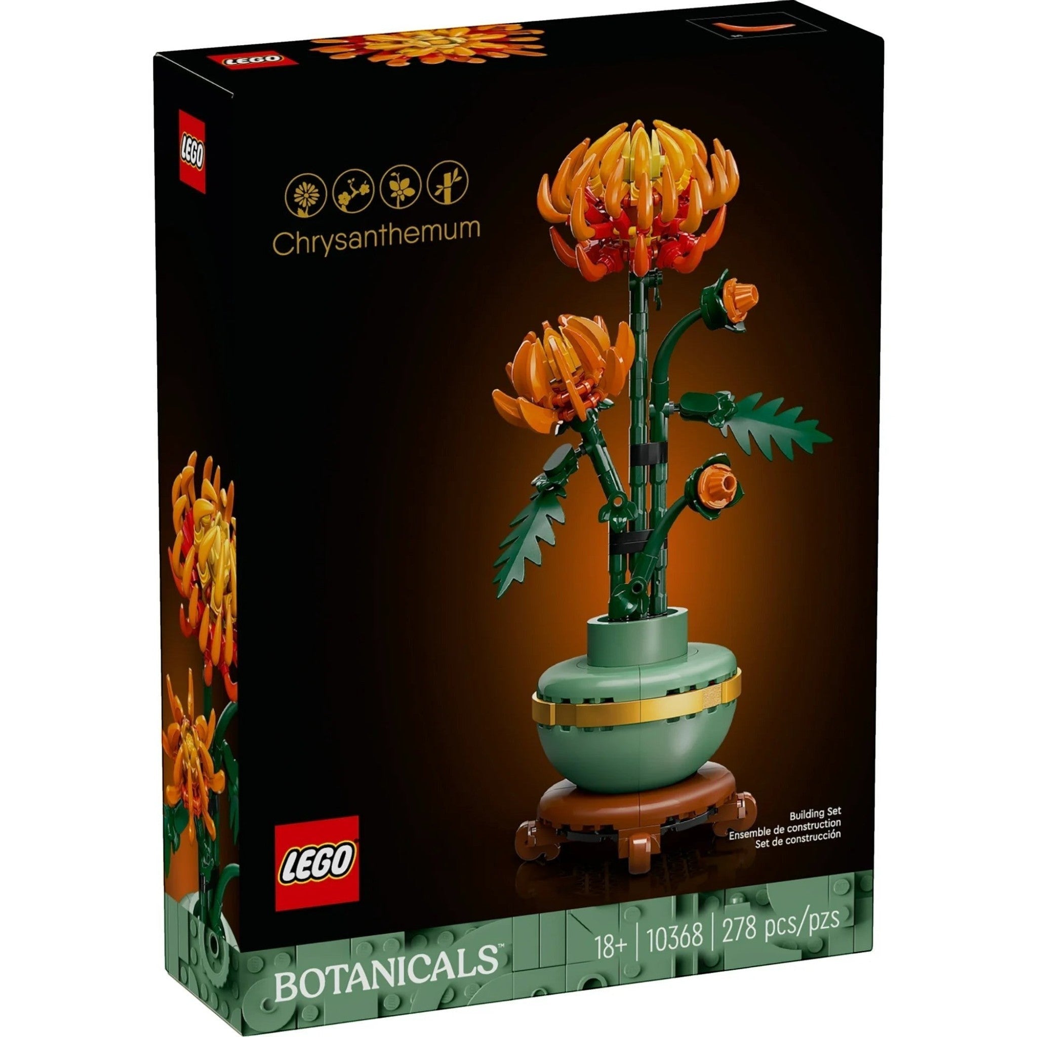 A Brick Apart LEGO Icons Chrysanthemum building set box featuring a vibrant orange flower in a pastel-green pot.