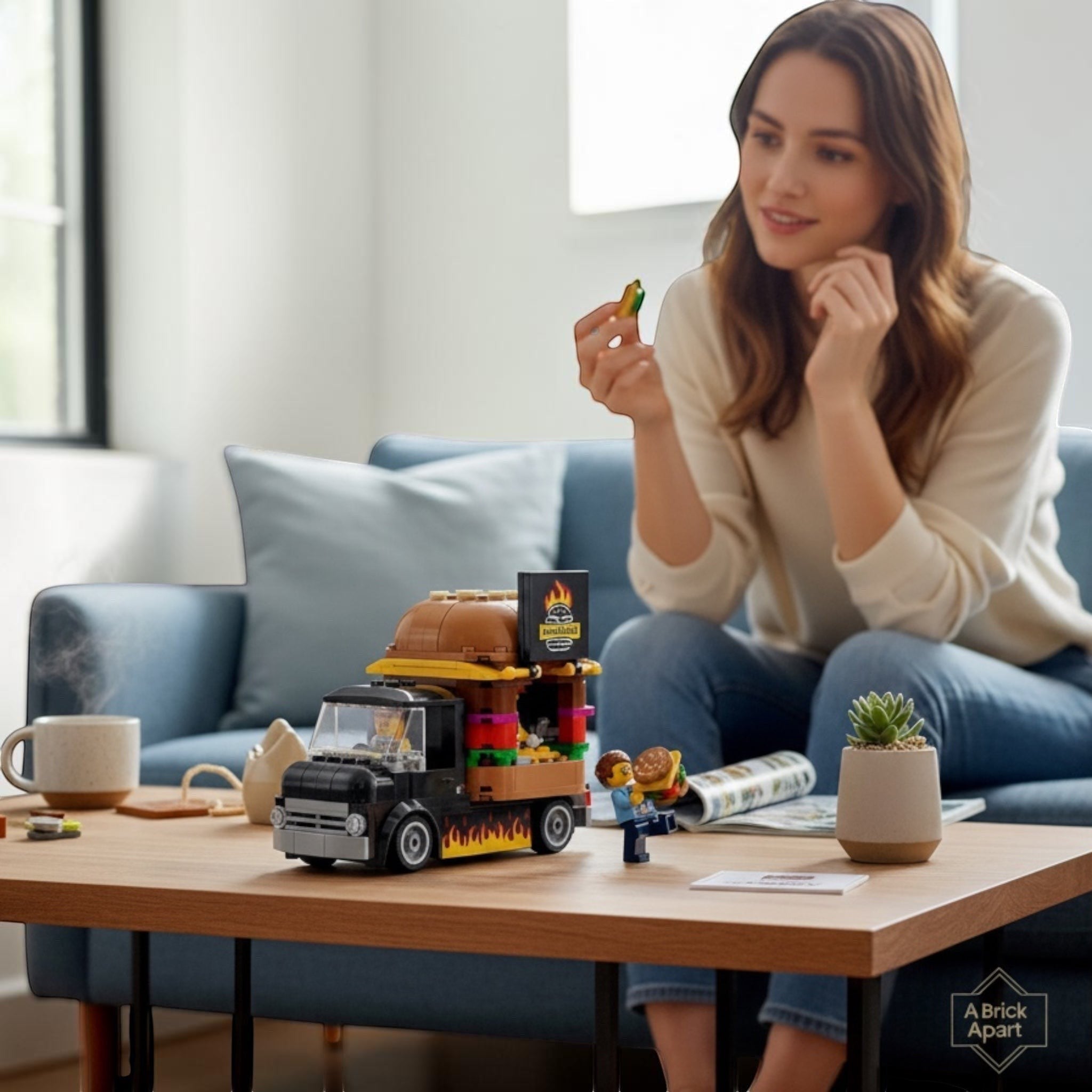 A Brick Apart LEGO City Burger Truck set with a vendor minifigure on a wooden table, viewed by a woman in a living room