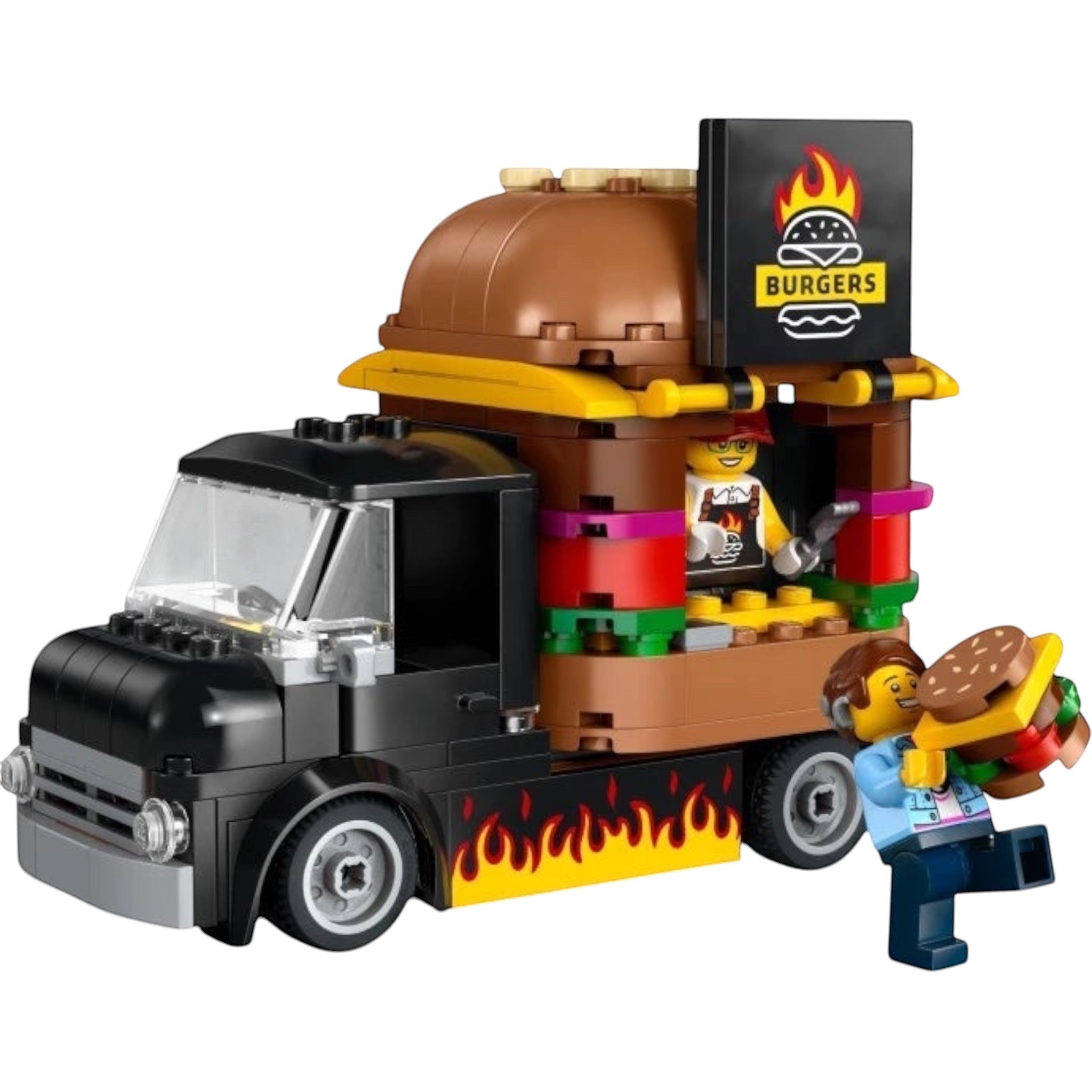 A Brick Apart LEGO City Burger Truck set featuring a black truck with flame decals, a burger roof, and minifigures.