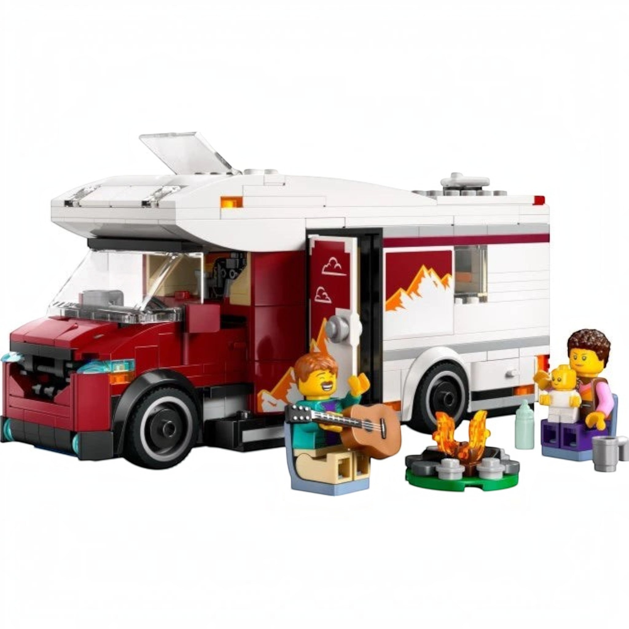 A Brick Apart LEGO City Holiday Camper Van set with a red and white vehicle, campfire, and three minifigures.