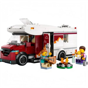 [built-white] A Brick Apart LEGO City Holiday Camper Van set with a red and white vehicle, campfire, and three minifigures.