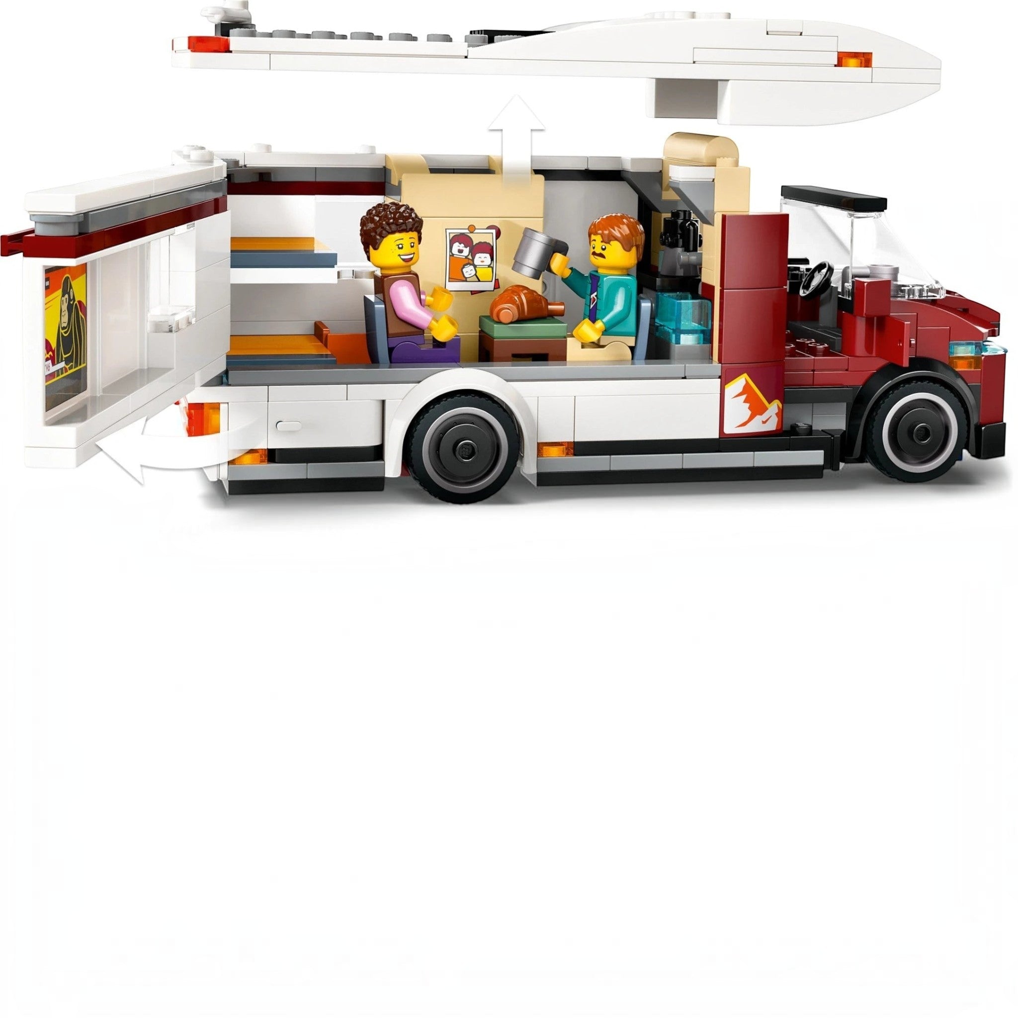A Brick Apart LEGO City Holiday Camper Van with open roof and side showing interior kitchen and minifigure family