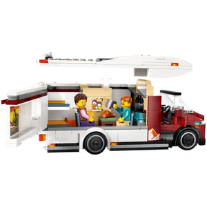 [built-detail] A Brick Apart LEGO City Holiday Camper Van with open roof and side showing interior kitchen and minifigure family