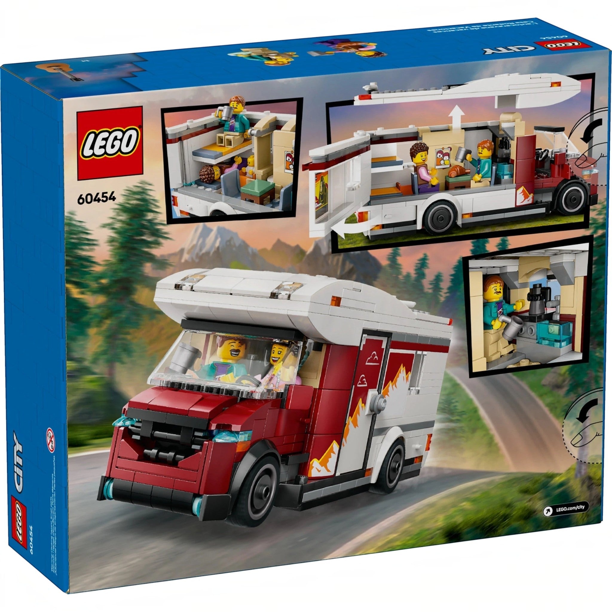 A Brick Apart LEGO City Holiday Camper Van 60454 box showing the red and white toy vehicle with interior details