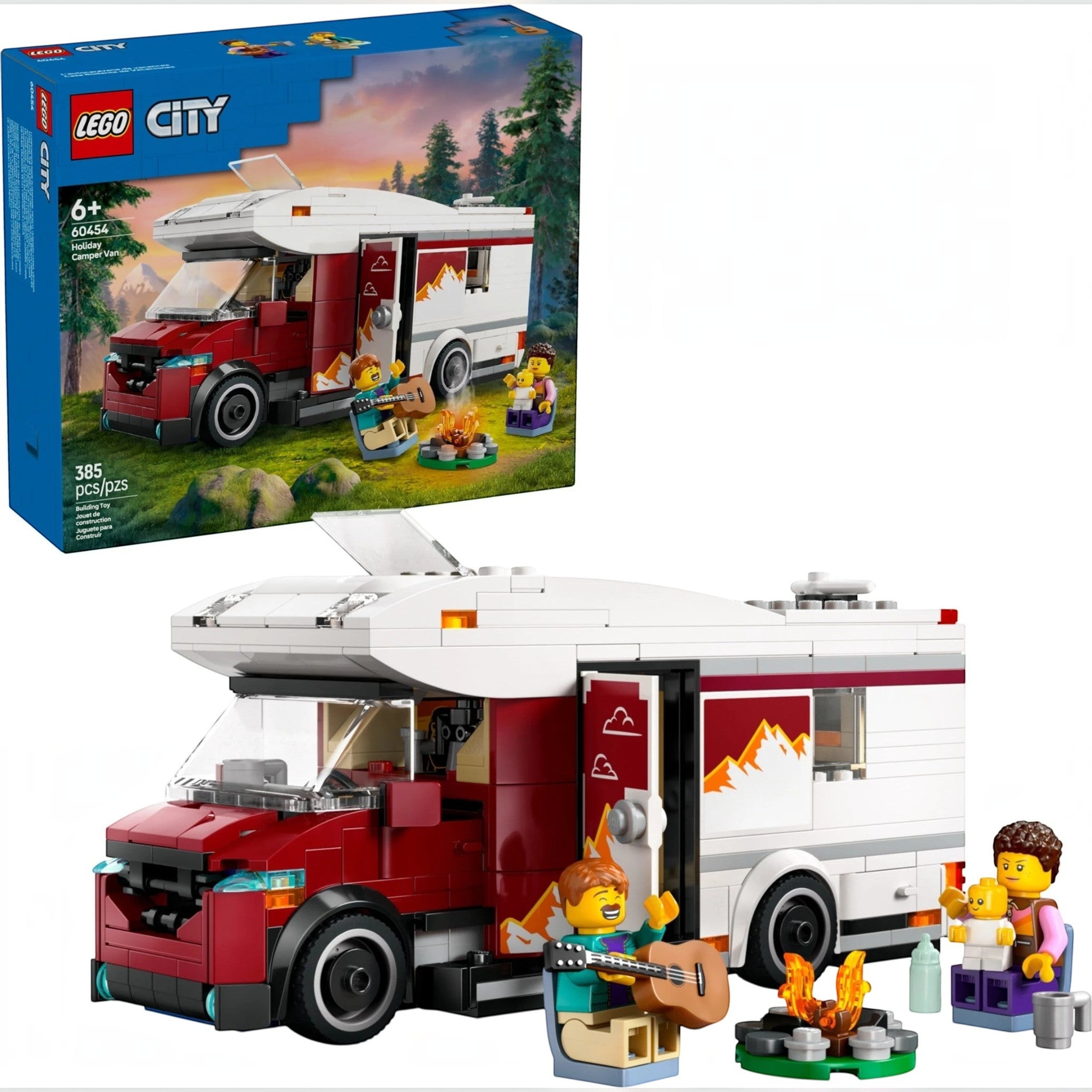 A Brick Apart LEGO City Holiday Camper Van set with a red and white vehicle, minifigure family, and campfire scene.