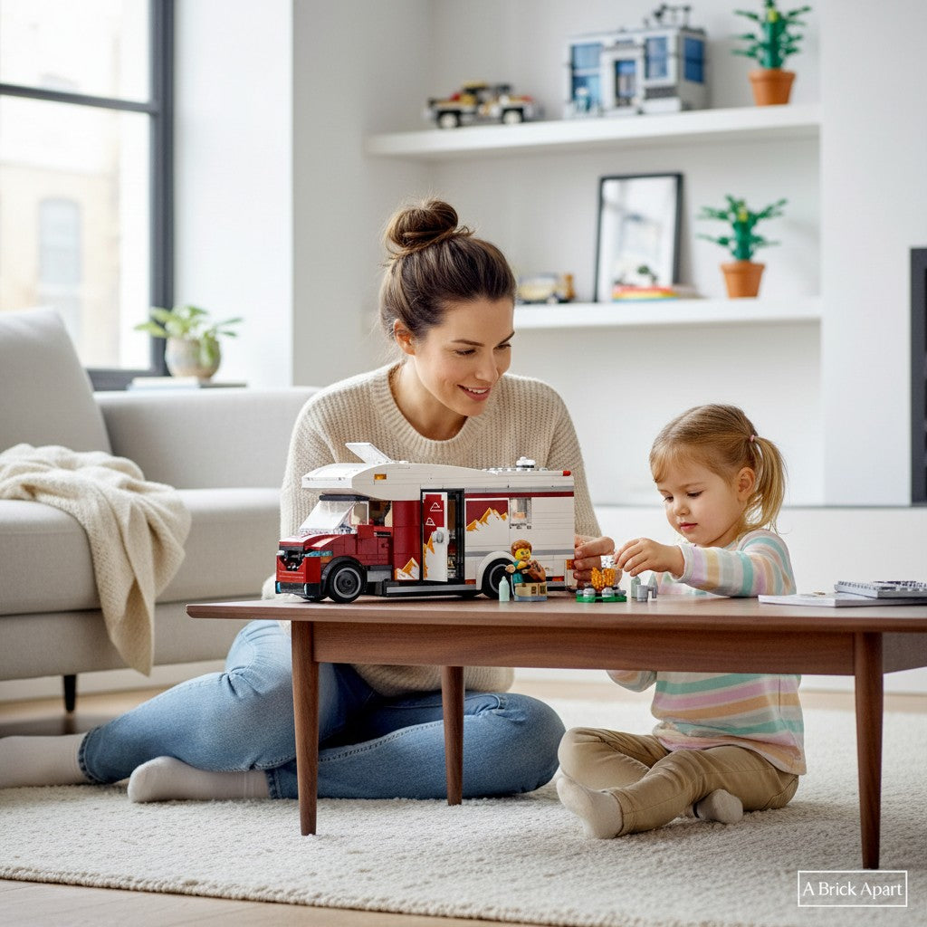 A Brick Apart LEGO City Holiday Camper Van playset being played with by a mother and daughter in a bright living room.
