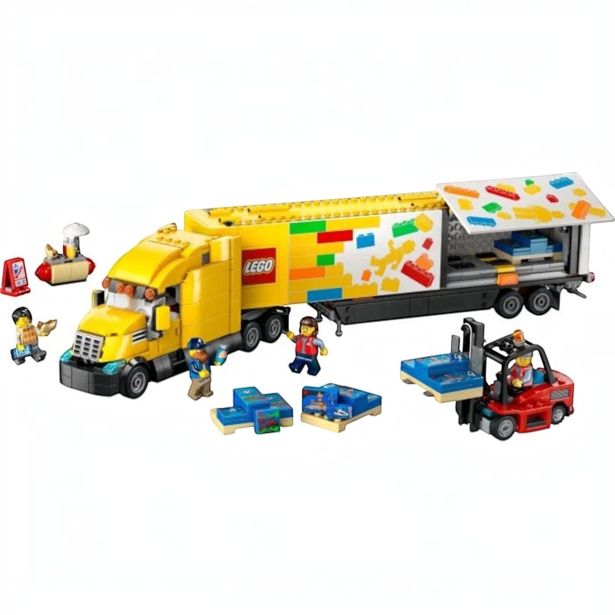 A Brick Apart LEGO City yellow delivery truck set with trailer, forklift, hot-dog stand, and four minifigures.