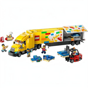 A Brick Apart LEGO City yellow delivery truck set with trailer, forklift, hot-dog stand, and four minifigures.