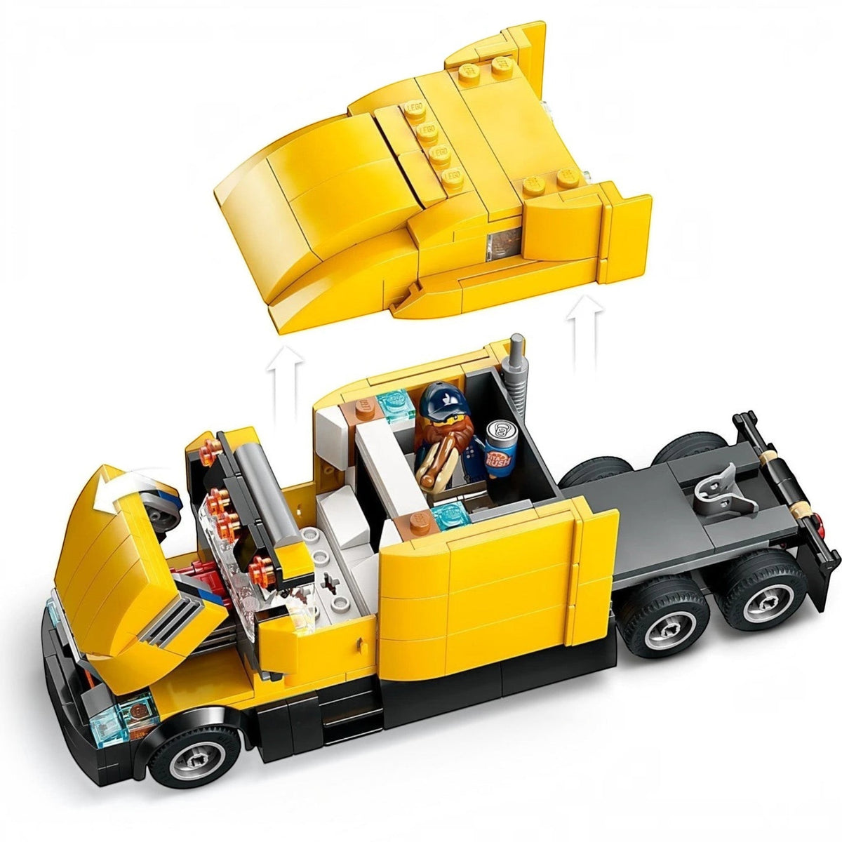 [built-detail] A Brick Apart LEGO City yellow delivery truck with a removable roof and opening hood, featuring a minifigure driver.