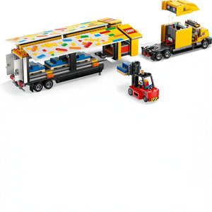 A Brick Apart LEGO City yellow delivery truck set with a trailer, forklift, and minifigures on a white background.