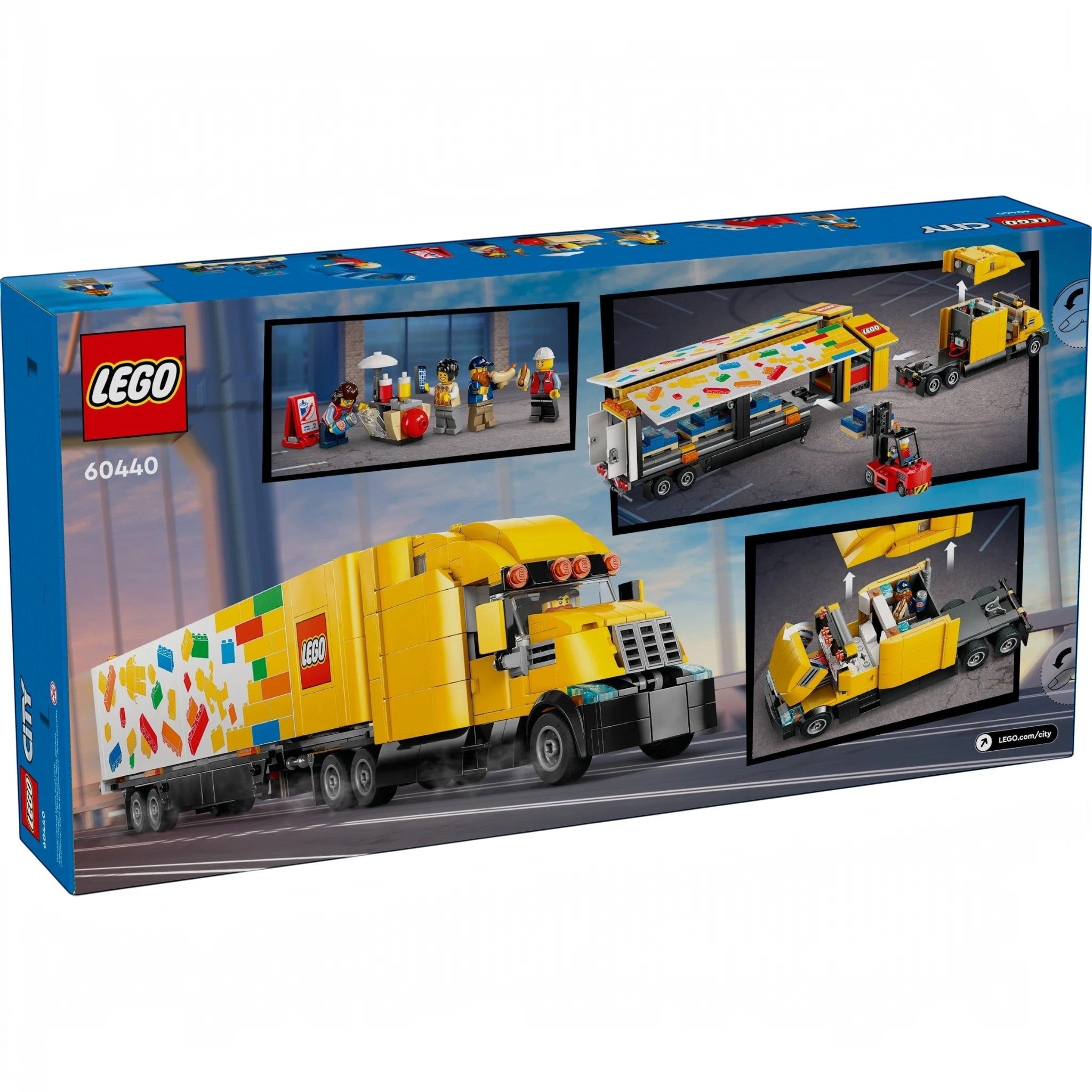 A Brick Apart LEGO City Delivery Truck 60440 box showing a yellow semi-truck, trailer, forklift, and minifigures.