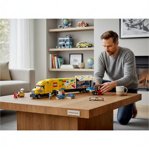 A Brick Apart LEGO City Delivery Truck set with a yellow trailer, forklift, and minifigures on a wooden table.