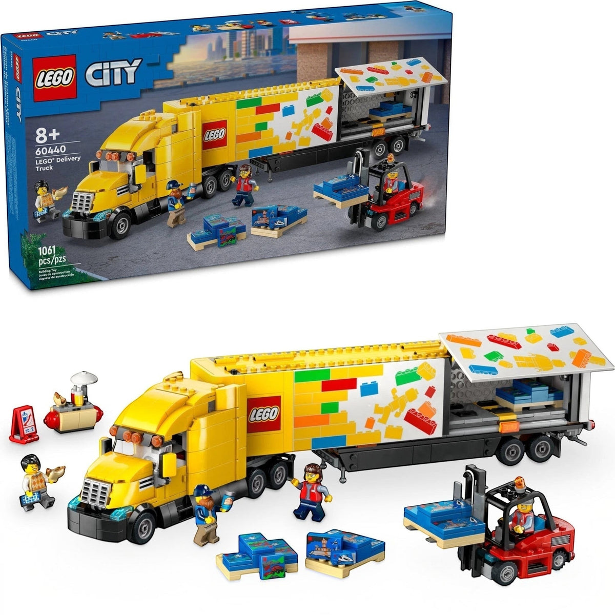 [box-set] A Brick Apart LEGO City Delivery Truck set featuring a yellow semitruck, trailer, forklift, and four minifigures.