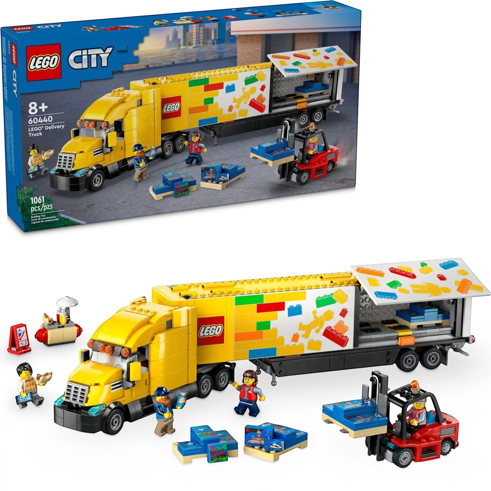 A Brick Apart LEGO City Delivery Truck set featuring a yellow semitruck, trailer, forklift, and four minifigures.