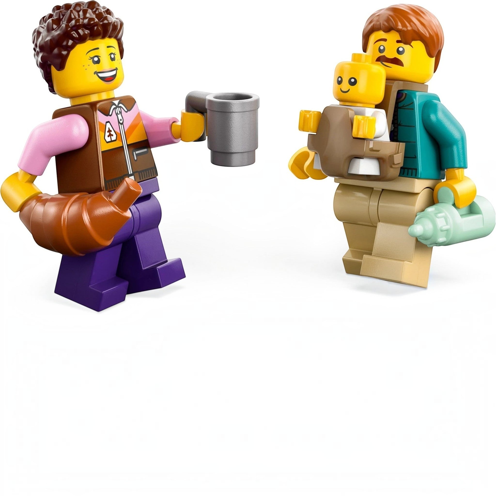 A Brick Apart LEGO City minifigures of a mom, dad, and baby with a toy mug, croissant, and baby bottle accessories.