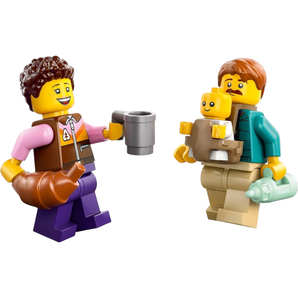 [minifig] A Brick Apart LEGO City minifigures of a mom, dad, and baby with a toy mug, croissant, and baby bottle accessories.