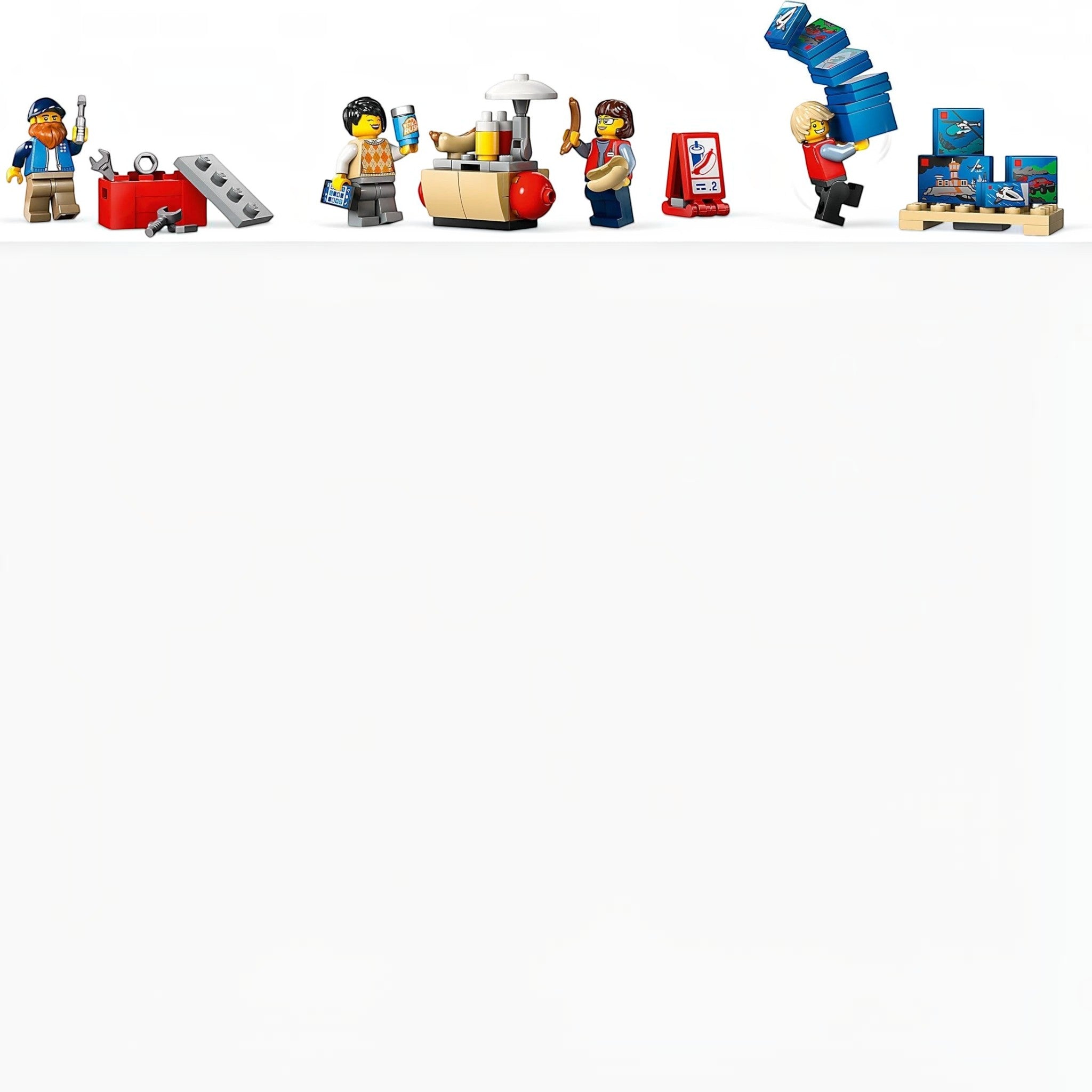 A Brick Apart LEGO City Delivery Truck minifigures including a driver, worker, and hot-dog stand vendor with accessories
