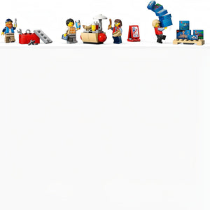 A Brick Apart LEGO City Delivery Truck minifigures including a driver, worker, and hot-dog stand vendor with accessories