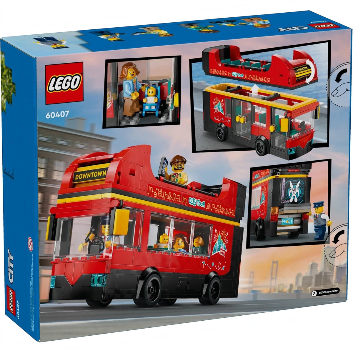[box-back] A Brick Apart LEGO City Double-Decker Sightseeing Bus box showing the red toy bus, minifigures, and play features.